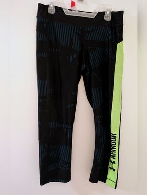 Under Armour Black Leggings with Neon Green Side Stripe